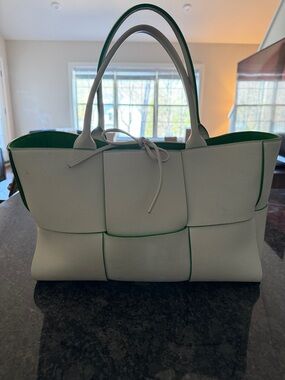 Bottega Veneta White Tote with Green Trim